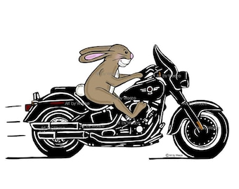 Printable Rabbit Art, Bunny On Motorcycle, Brown Rabbit, Brown Bunny, Biker Art, Instant Download, Motorcycle Wall Art, JPEG, Digital Print