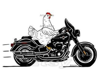 Chicken Riding A Motorcycle, White chicken, Chicken Art, Motorcycle Art, Biker Art, Chicken Wall Art, Farm Animals