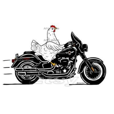 Chicken Riding A Motorcycle, White chicken, Chicken Art, Motorcycle Art, Biker Art, Chicken Wall Art, Farm Animals