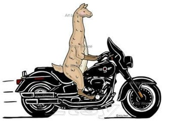 Llama Riding A Motorcycle, Llama Art, Llama Cartoon Art, Motorcycle Art, Biker Art, Llama Wall Art, Lama, Farm Animals