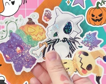 Cute Spooky Pokes Vinyl Sticker 3 inch Die Cut with Heart Holographic Shine //Spooky Kawaii Halloween Decal