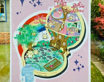 Kawaii Jungle-Pika Polly-Style Art Print – A4 Print with Backing Board | Charming Mini-World Illustration