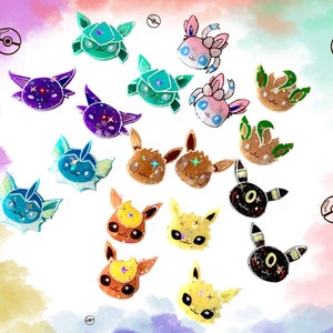 Super shiny Eev evolution earrings, bio resin, vap, flare, jolt, esp, umb, glac, leaf, syl, Poketto fan