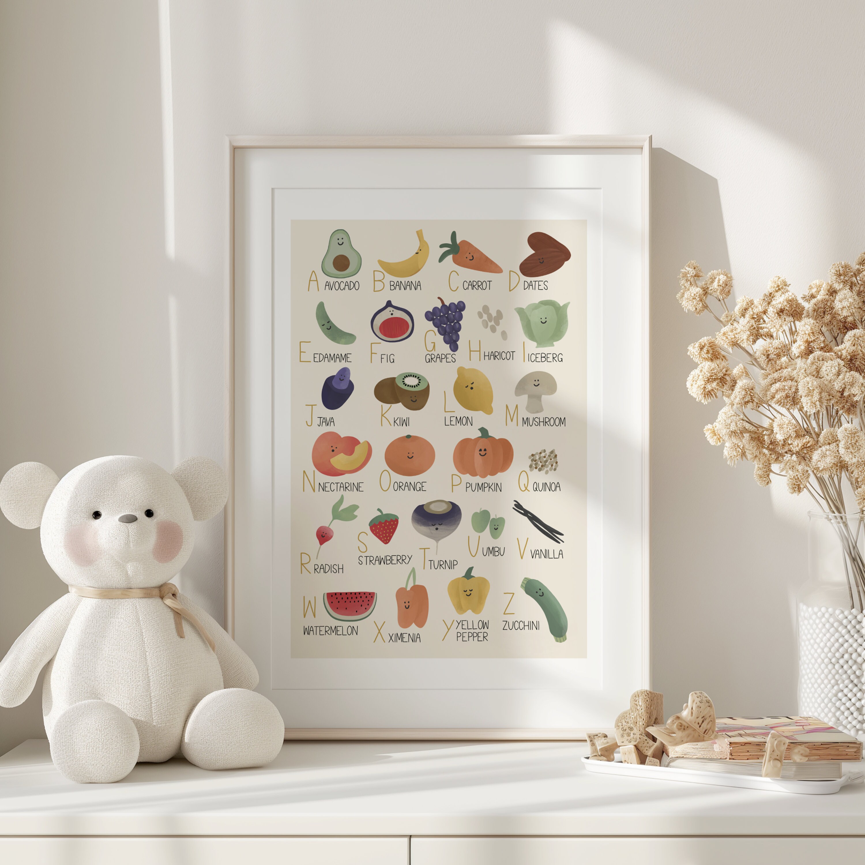 Alphabet Print | Fruits, Vegetables & Grains | Vegan Art | Nursery | Playroom | Kids room | Learning letters | Art | Print | Illustration