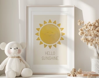 Hello Sunshine Artwork | Sun Illustration | Art | Print | Nursery | Kids Room | Playroom | Gifts for Kids | Pastel | Yellow