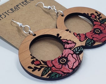 Hand Painted Retro Hoop Poppy Dangle Earrings Cherry Wood Silver Nickle-free Hooks Made in USA!
