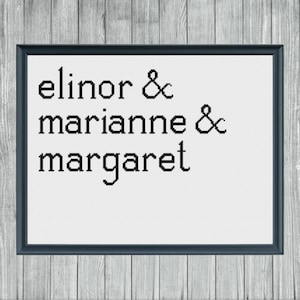 May include: Black and white text on a white background in a black frame. The text reads "elinor & marianne & margaret".