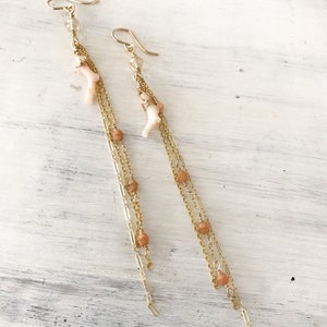 Ready to ship Long dangle earrings with natural pink coral
