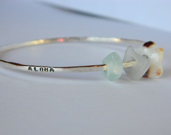 Custom Sterling Silver or 14 K Gold Filled ALOHA Bangle/Bracelet with Maui Beach Glass and Puka Shell