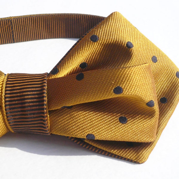 Mens bow tie golden yellow with small classical dark blue polka dots, self tie, freestyle, reversible, italian woven pure silk jacquard