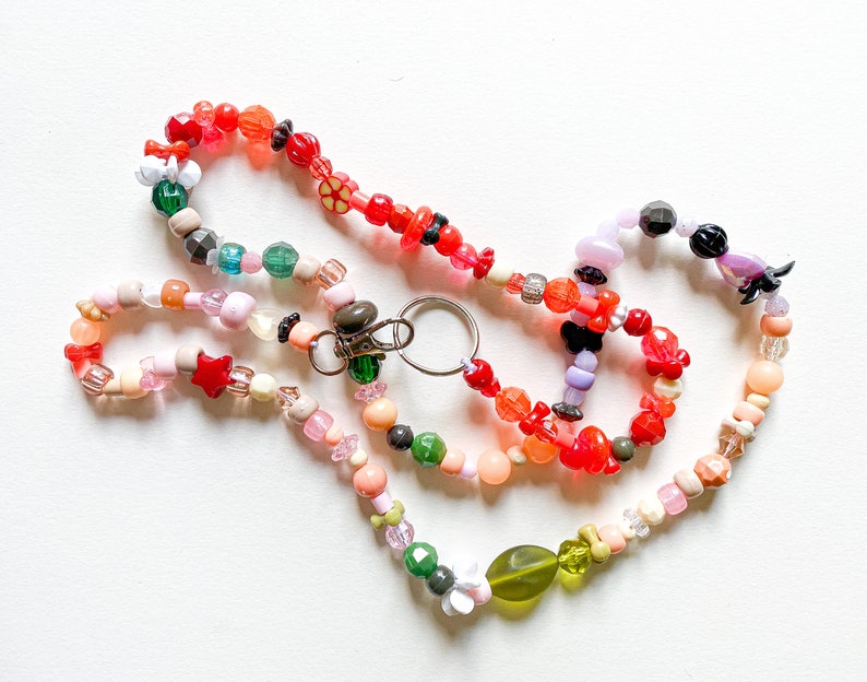 Unique multi-color mixed acrylic beaded lanyard key chain necklace with silver clasps- greens, reds, peaches, purples