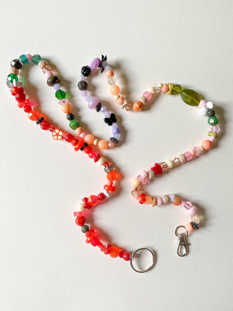 Unique multi-color mixed acrylic beaded lanyard key chain necklace with silver clasps- greens, reds, peaches, purples