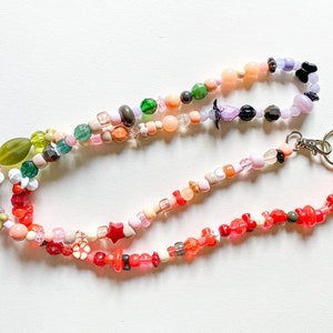 Unique multi-color mixed acrylic beaded lanyard key chain necklace with silver clasps- greens, reds, peaches, purples