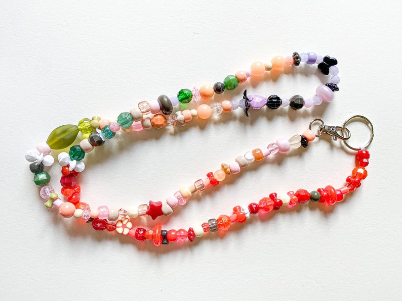 Unique multi-color mixed acrylic beaded lanyard key chain necklace with silver clasps- greens, reds, peaches, purples