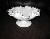 FENTON WHITE SILVERCREST Compote Bowl Footed Dish Ruffled Top Edge In Clear Glass 4 quot High 8 quot Across Vintage Milk White Bowl