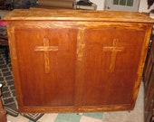 LOCAL PICK UP Antique Church Cabinet 62 quot Wide 51 quot High And 19 quot Deep Bookcase Religious Cabinet With Three Shelves Crosses On Front