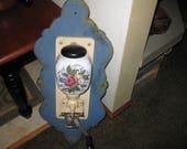 French Ceramic Coffee Grinder, Metal Housing Wooden Top Glass Cup Mounted On wood Board Rose Design Front 24 1 2 quot Long Cream Color Housing