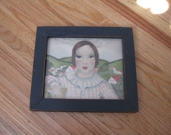 FOLK ART PRINT In Rustic Wood Frame Painted Black 10 1/4" x 8 3/4" Young Girl With Countryside In Background Red Lips And Large Brown Eyes