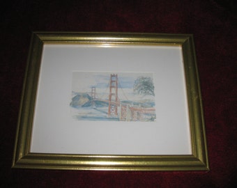 Carte POSTALE SOUVENIR ENCADRÉE du Golden Gate Bridge Le cadre Goldtone mesure 9 1/2 « x 11 1/2 » emmêlé en blanc cassé