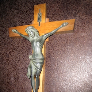WOOD & METAL INRI Wall Cross Sleek Art Deco Style 12&quot; x 6 1/2&quot; Black Metal Corpus Metal Hook On Back To Hang Christian Religious Home Decor
