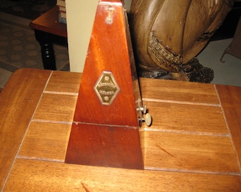VINTAGE MALZEL METRONOME Walnut Case 9 1/4" Pyramid Tower Shaped Metronome Brass Tag On Front Metronome Malzel Winds On Side Of Case