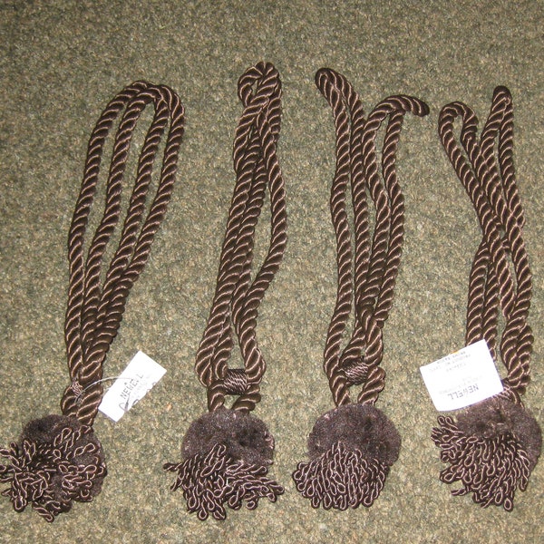 BROWN CURTAIN DRAPE Tie Backs Vintage Never Used Rayon Newell Window Furnishings Set Of Four Rope Design Ball & Fringe Ends 14 1/2" Long