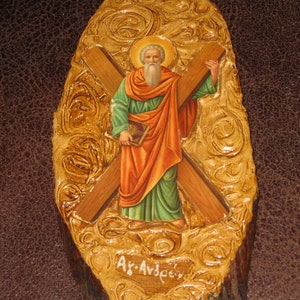 SMALL WOODEN SLAB Carved Design Top Religious Icon With Cross (Paper) Christian Wall Hanging 8 1/2&quot; x 3 1/2&quot;