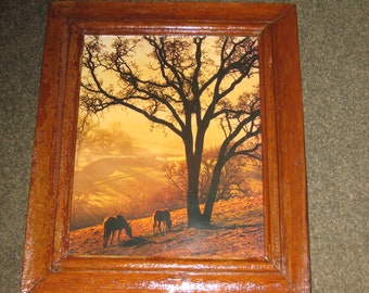 HORSES IN FIELD Glimmer Of Sun Shining Through Laser Photo Art 1970's Antique Rustic Wood Frame Measures 22 1/2" x 26 3/4" Landscape Horses