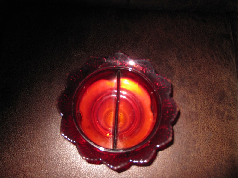 VINTAGE RUBY RED Two Sided Dish Compote On Silver Tone Metal Stand Art Deco 5 34 High 7 Across Top Antique Pedestal Dish
