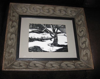 FRAMED SCRATCHBOARD ART Signed Ranger 17" X 19 3/4" Winter Scene Detailed Border On Frame Grey Mat Cabin With Tree