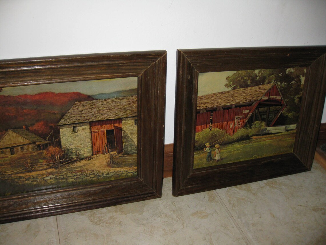Mid Century Country Landscape Prints in Wood Frames 10 Etsy