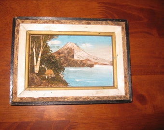 MT. FUJI DIORAMA Small Wall Art Black Wood Frame 6 7/8" x 4 7/8" Features Picture Made Of Bark & Moss