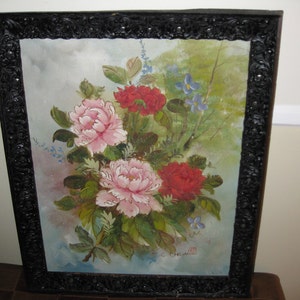 VINTAGE OIL PAINTING Floral Still Life On Canvas Signed T C Chow & Red Asian Seal In Antique Ornate Victorian  Wood Frame 19 1/2&quot; X 23 1/4&quot;