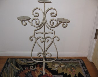 WROUGHT IRON CANDELABRA Vintage and Heavy 22 1/2&quot; Tall In Middle Holds Three Candles Flat Round Cups 3 3/8&quot; Across Middle Prong Holds Candle