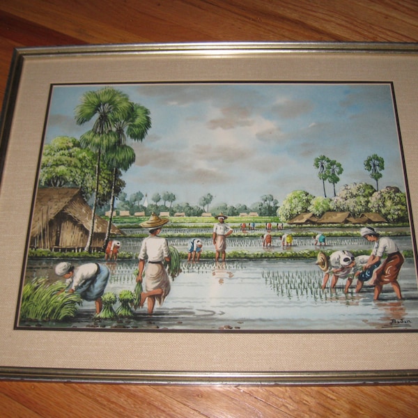 ORIENTAL ASIAN WATERCOLOR Women In Rice Paddy With Palm Trees Signed BaJan Silvertone Wood Frame 15" X 18 1/2" Beige Linen Mat