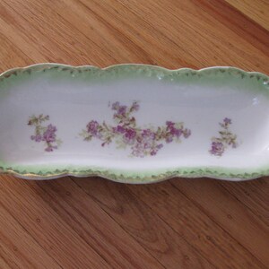 VICTORIA AUSTRIA LONG Victorian Serving Dish 13 1/2&quot; x 5 1/2&quot; Green With Purple Flowers Victorian Dining Serving Victorian Table Setting
