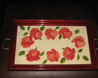 THEOREM FLORAL PAINTING Vintage Vanity Tray Covered In Glass Two Brass Side Handles 10 3/4" x 17" Beautiful Pink-Red Flowers On White Velvet