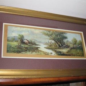 The Ullman Mfg. Co. Copyright 1902 Country Landscape In Original Goldtone Wood Gesso Frame 22 1/2" x 12 1/2" Wavy Glass With Bubbles