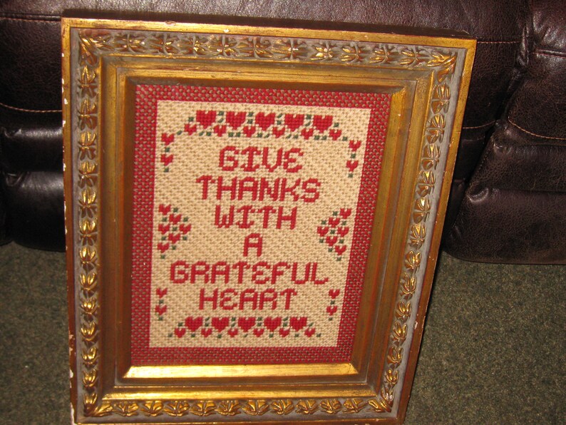 GIVE THANKS WITH A Grateful Heart Framed Completed Vintage Needlepoint Goldtone Wood Frame Decorative Raised Top Trim Design 16 x 19 x 2