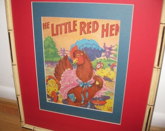 1940s The LITTLE RED HEN Double Matted In Blue And Red In Antique Bamboo Style Frame 17 1/4" x 22 1/4"