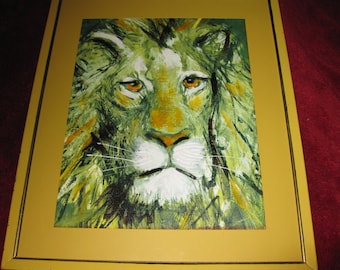 FRAMED OIL PAINTING On Canvas Panthera Leo Initialed By Artist (I K) 15" X 18" Wood Frame Painted Yellow Yellow Mat Leo The Lion Wall Art