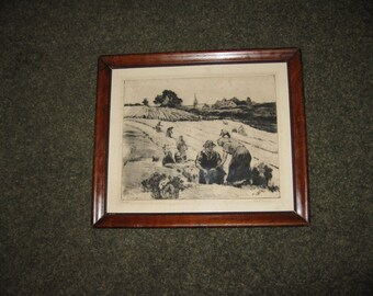 HOBART NICHOLS EMBOSSED Engraving Self Border  "Harvest"  Original Dark Wood Frame 11 1/2" x 13 1/2" Wood Bead Border Hand Signed In Pencil