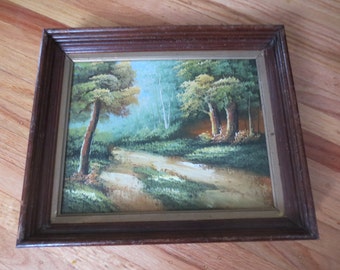 ANTIQUE DARK WOOD Frame With Original Oil Painting On Canvas 10" x 12" Eastlake Frame 8" x 10" Oil Painting Country Landscape Painting