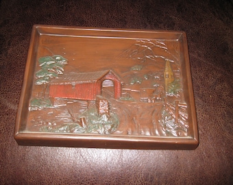 HOLLAND MOLD Ceramic Wall Plaque 11 1/4" x 8 1/4" Relief Scene Covered Bridge Horse And Carriage Church Mothers Day Gift 1974