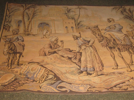 MADE IN BELGIUM Arabian Market Scene Tapestry Large Wall Decor 51 X 70 Colors Mostly Beige Brown Features Camels Merchant People Palm Tree Etsy Canada