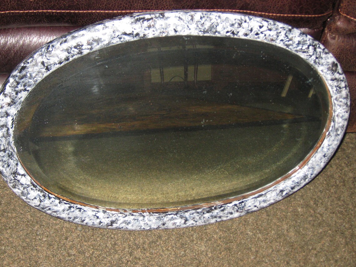 ART DECO OVAL Mirror Wood Frame Painted Black And White Marble Etsy