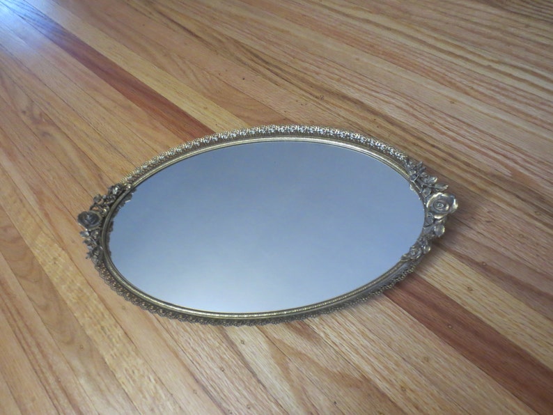 Antique Vanity Mirror Tray For Dresser Or Wall Oval Goldtone Metal Filigree With Roses On Each End 9 1 2 X 17