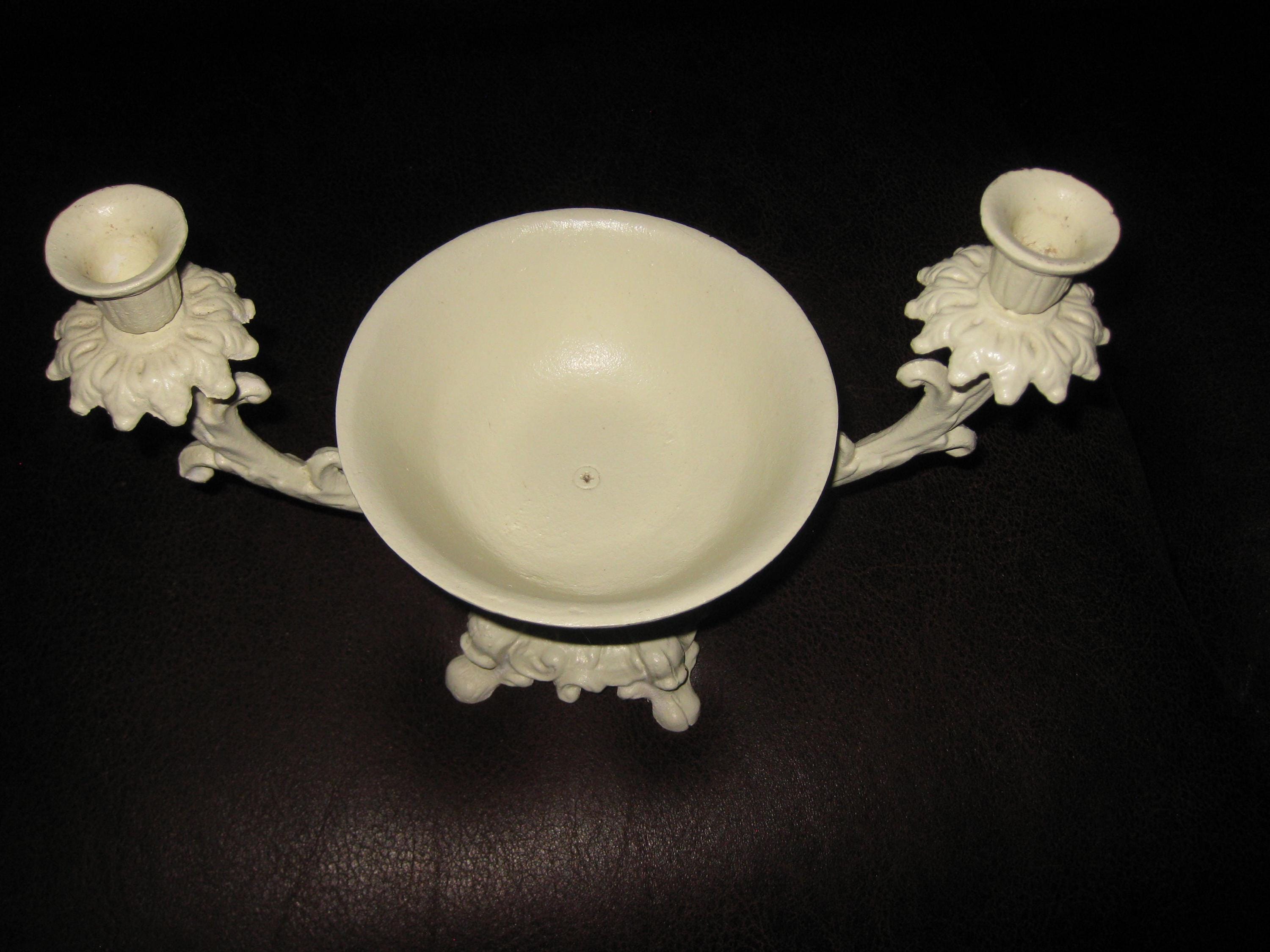 CAST IRON CANDLE Holders Dish Center 12 1/4" Across Holders 8 7/8" High 5 3/4" To Dish Top 6 1/4" Across Dish Top Weighs 5 Pounds 4 Ounces