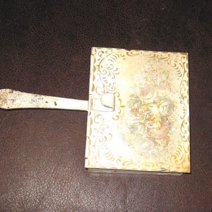 VICTORIAN CRUMB CATCHER Metal Silent Butler White With Floral Stencil On Lifting Lid 10 3/8&quot; Front To Back Of Handle Box 5 1/8&quot; x 6 1/2&quot;