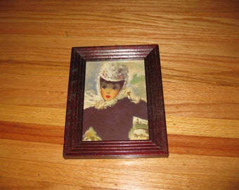 LITTLE FRENCH GIRL Print In Wood Frame With Ribbed Border 6 3/4" x 8 3/4" Frame Can Stand Or Hang
